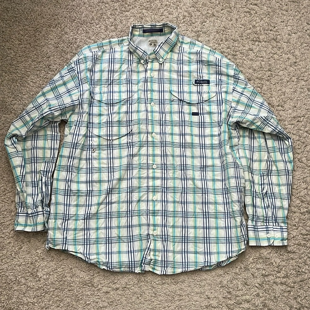 EUC Men’s Columbia PFG Super Bonehead White Blue Plaid Fishing Shirt Size XL